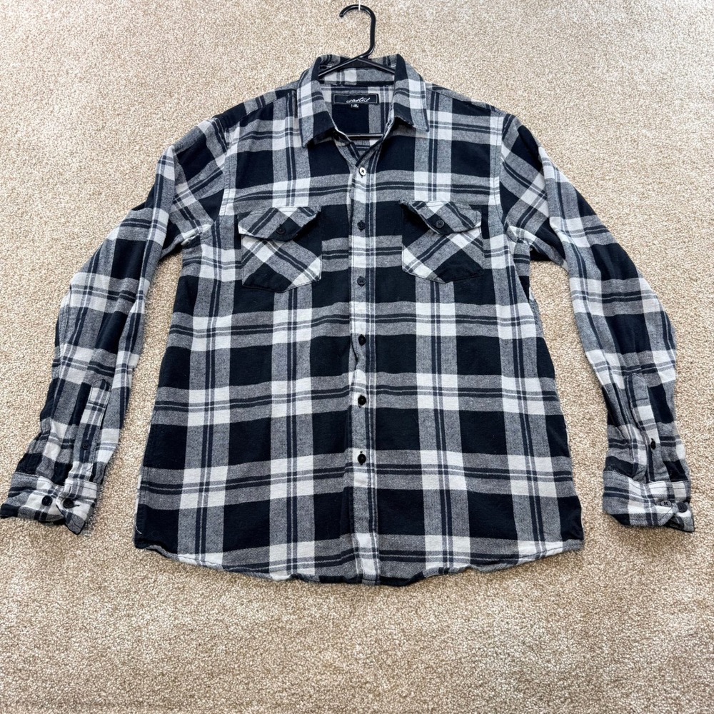 Coastal Mens Medium Black White Plaid Flannel Button Down Shirt 100% Cotton Fall